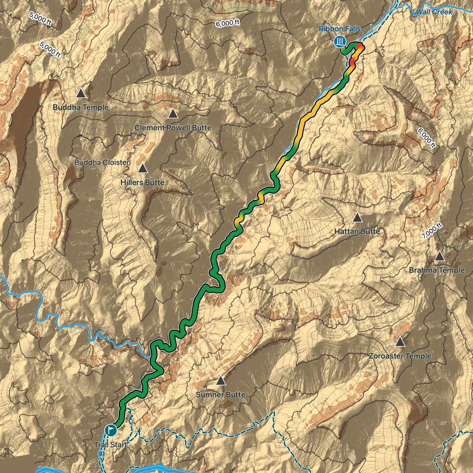 Terrain map of Phantom Ranch to Ribbon Falls in Grand Canyon National Park