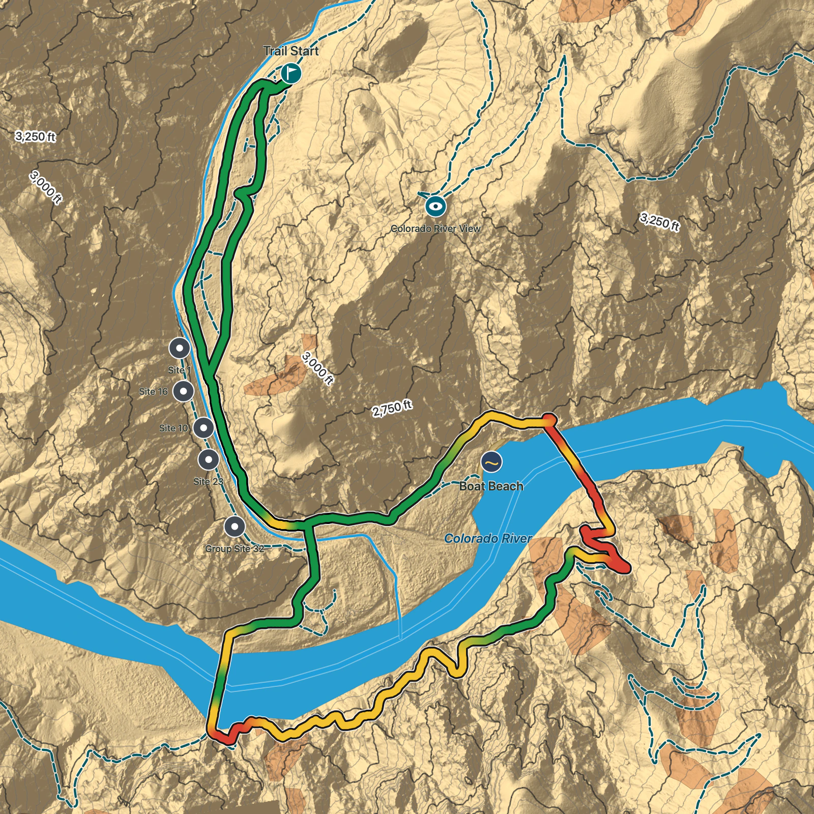 Terrain map of Phantom Ranch Village Loop in Grand Canyon National Park