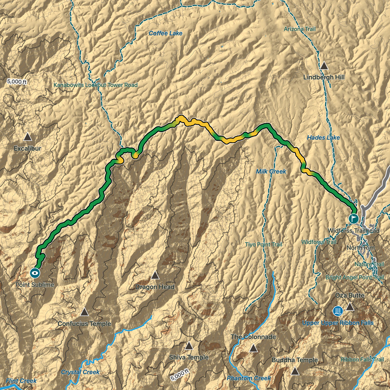 Terrain map of Point Sublime Trail in Grand Canyon National Park