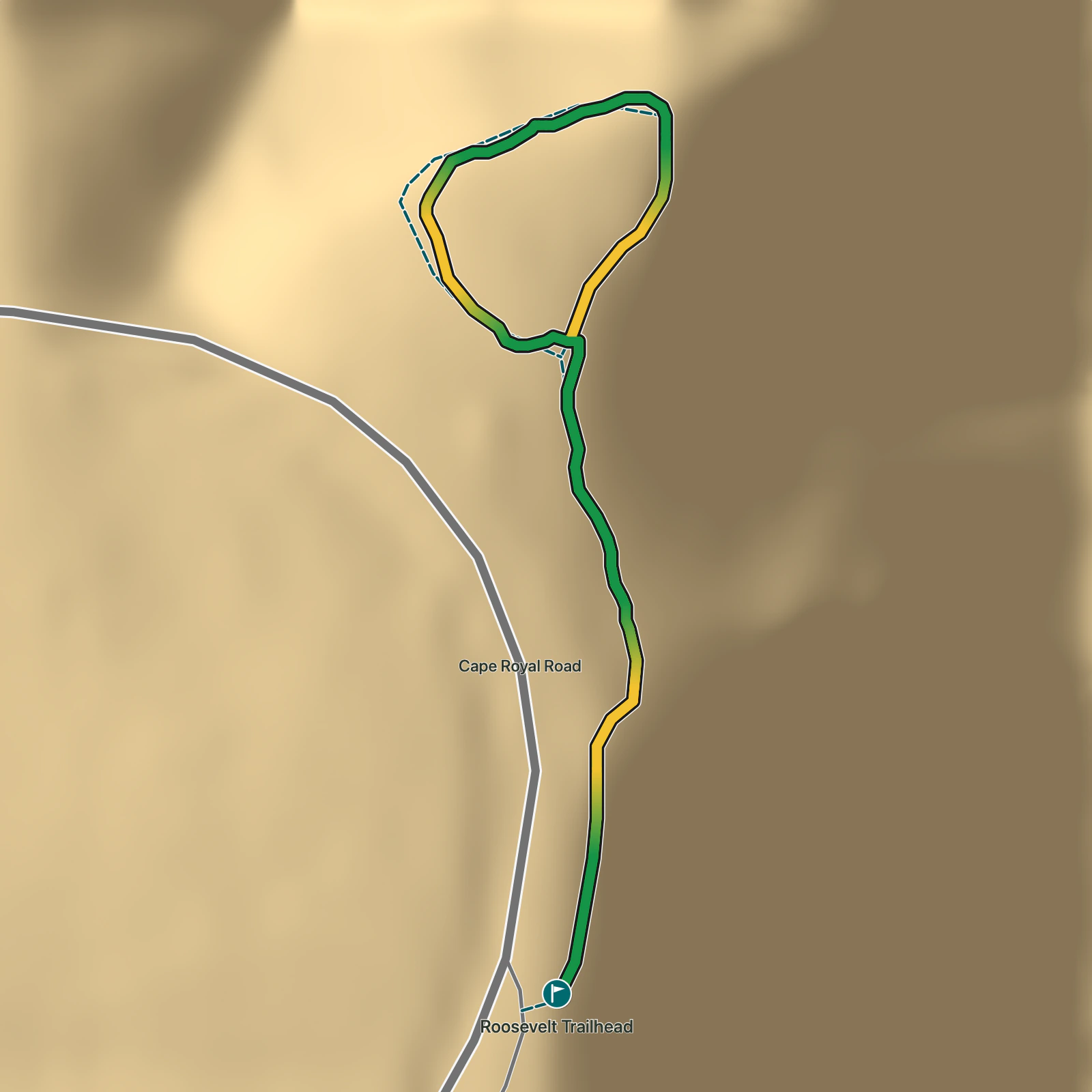 Terrain map of Roosevelt Point Trail in Grand Canyon National Park