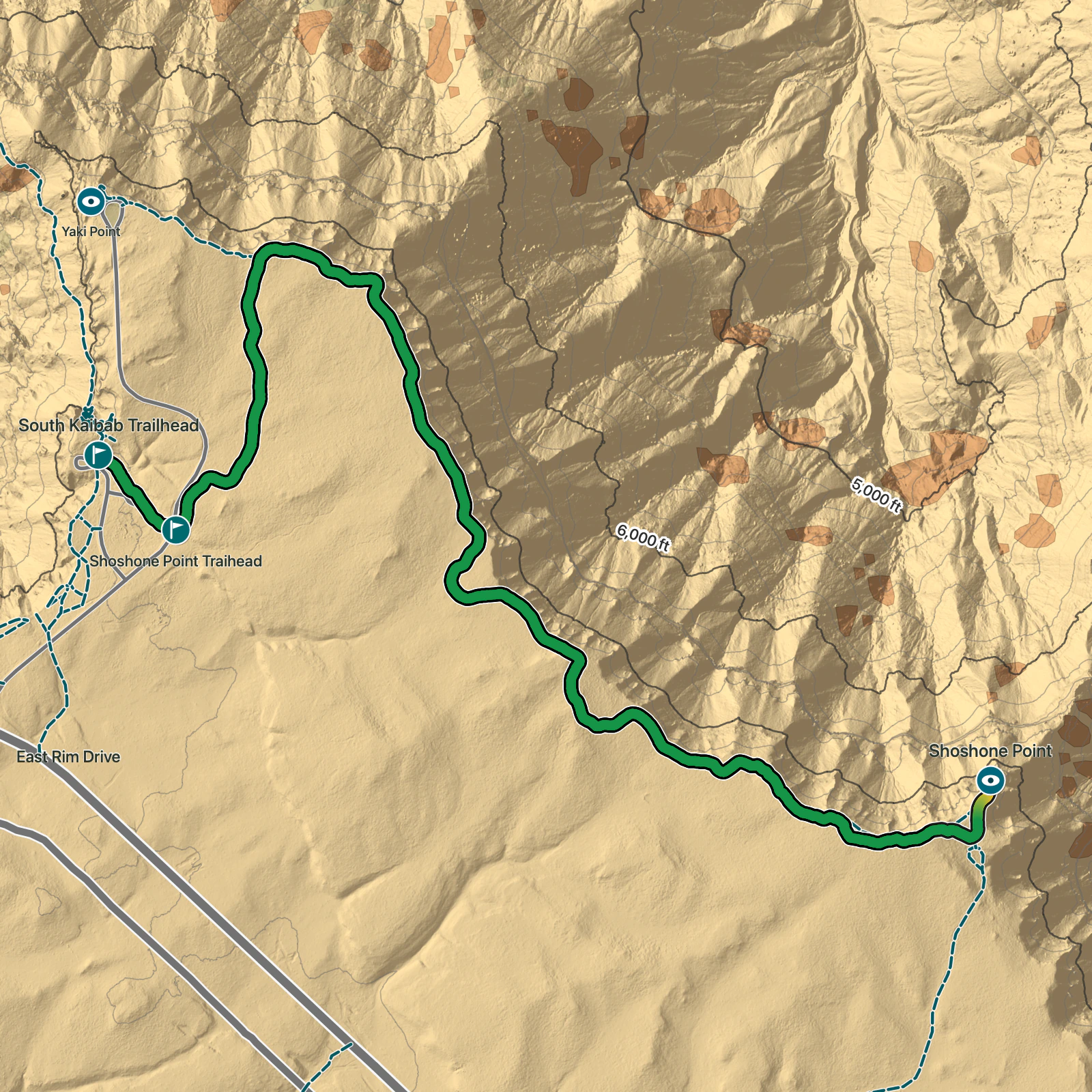Terrain map of Shoshone Point Trail in Grand Canyon National Park