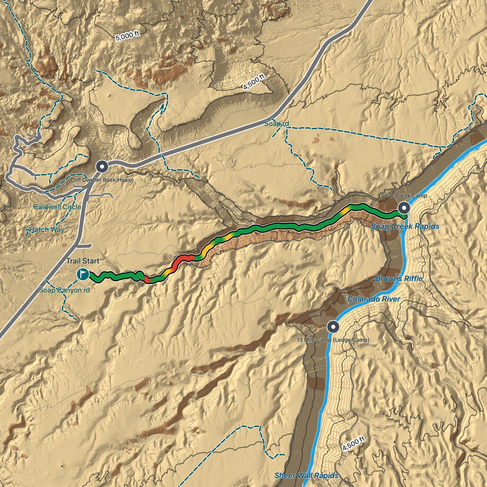 Terrain map of Soap Creek Canyon to Soap Creek Rapids in Grand Canyon National Park