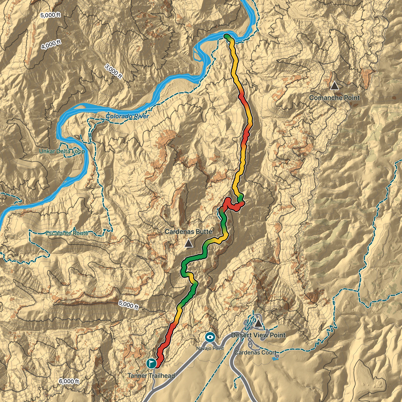 Terrain map of Tanner Trail in Grand Canyon National Park