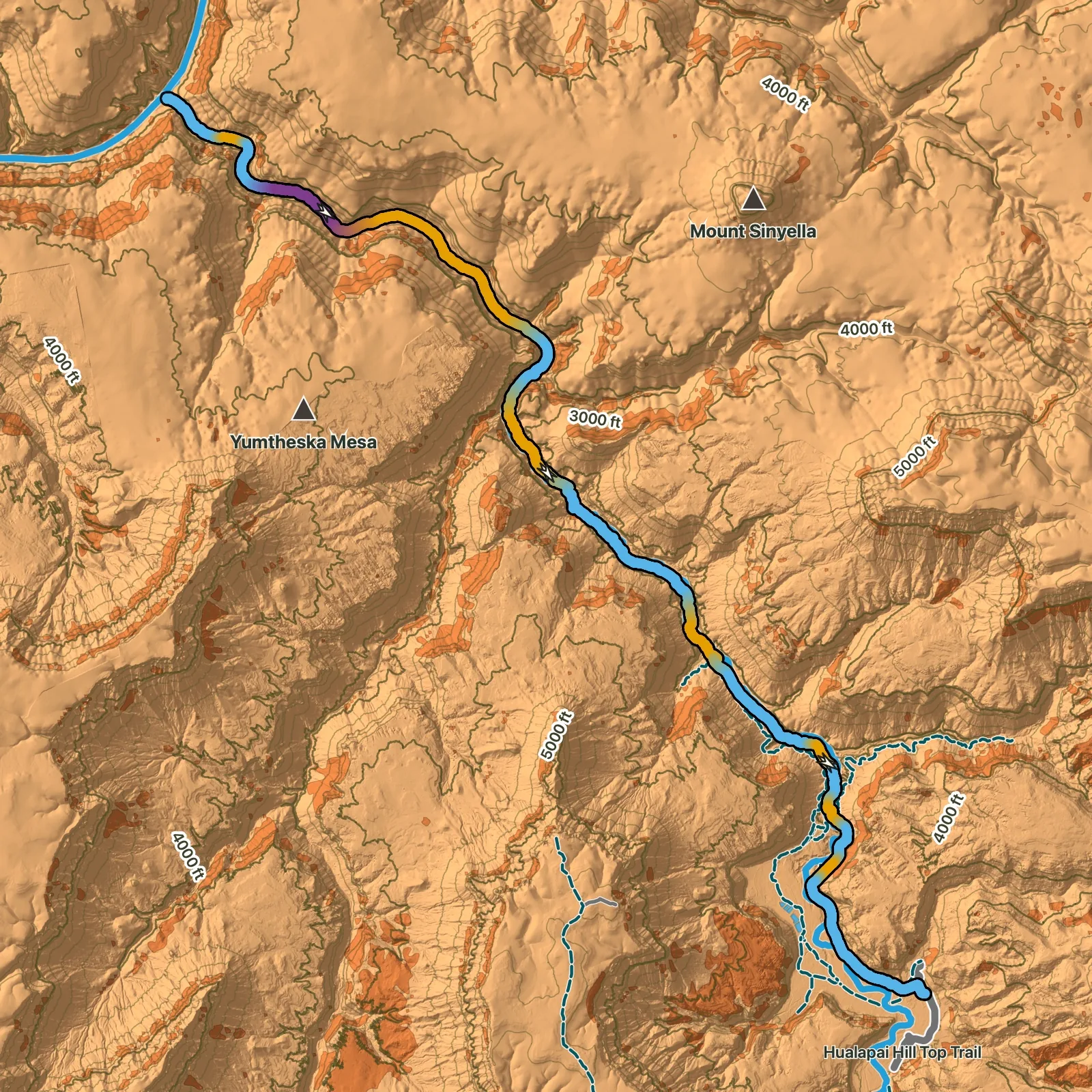Terrain map of The Confluence from Supai Village in Grand Canyon National Park