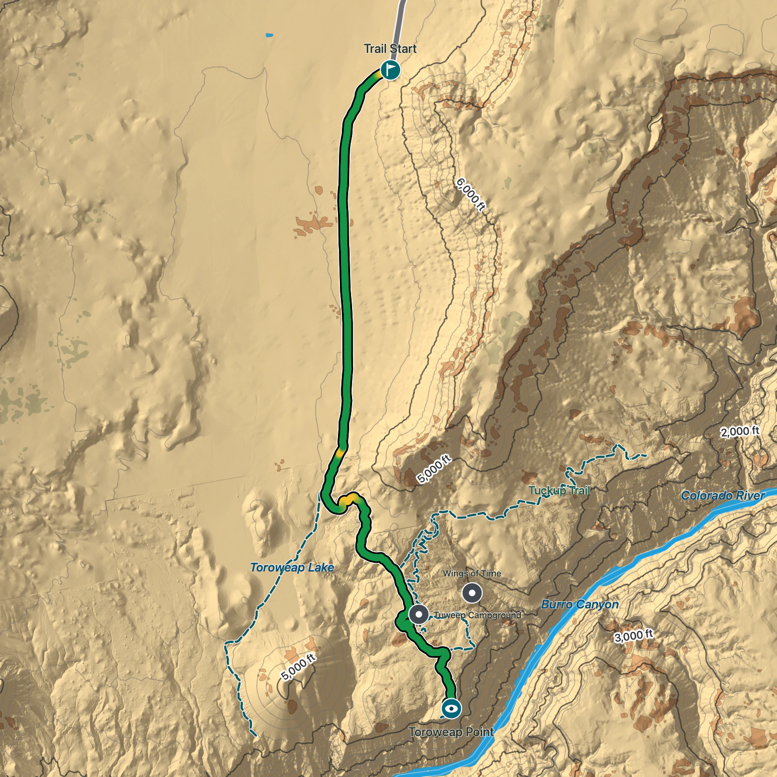 Terrain map of Toroweap Point in Grand Canyon National Park