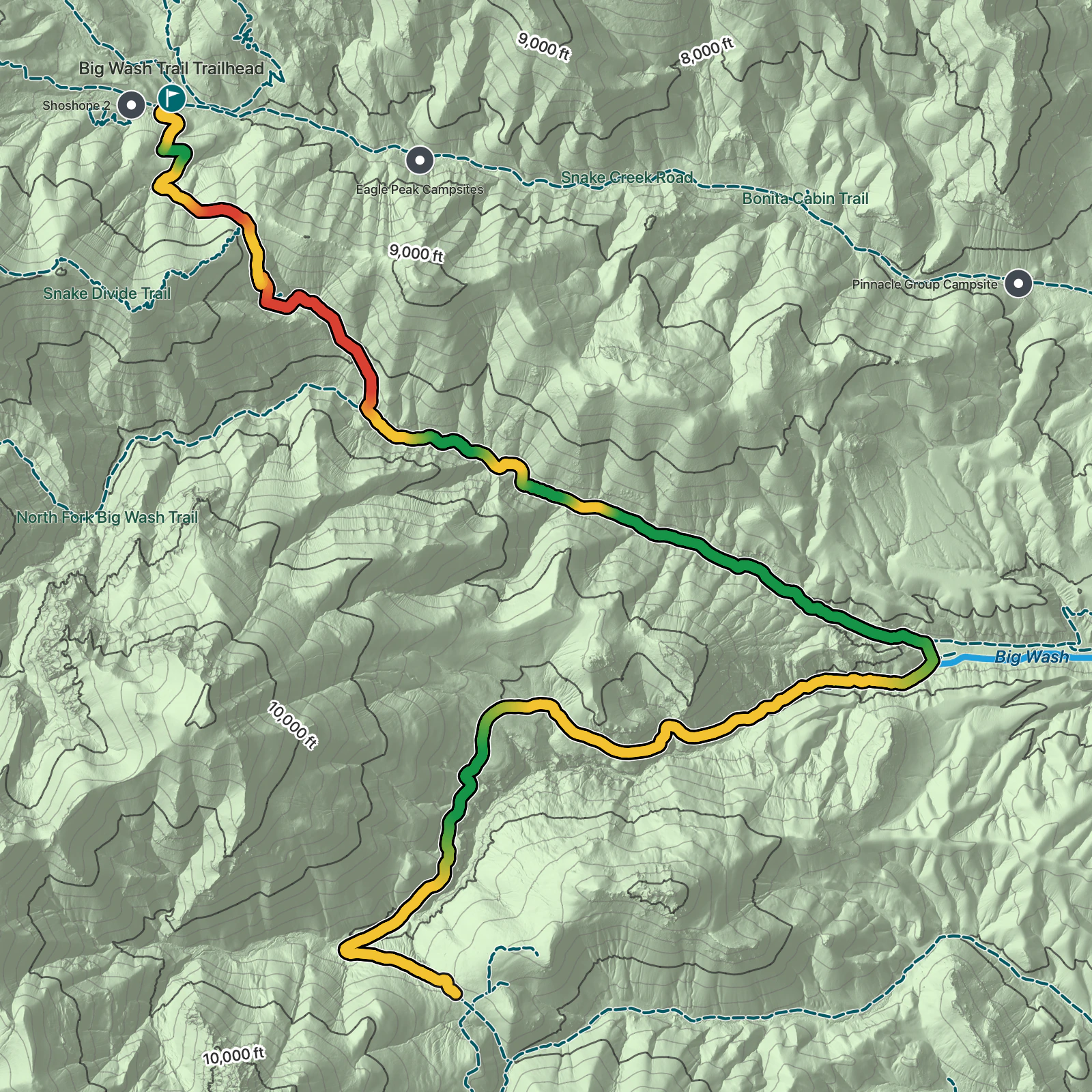 Terrain map of Big Wash Trail in Great Basin National Park
