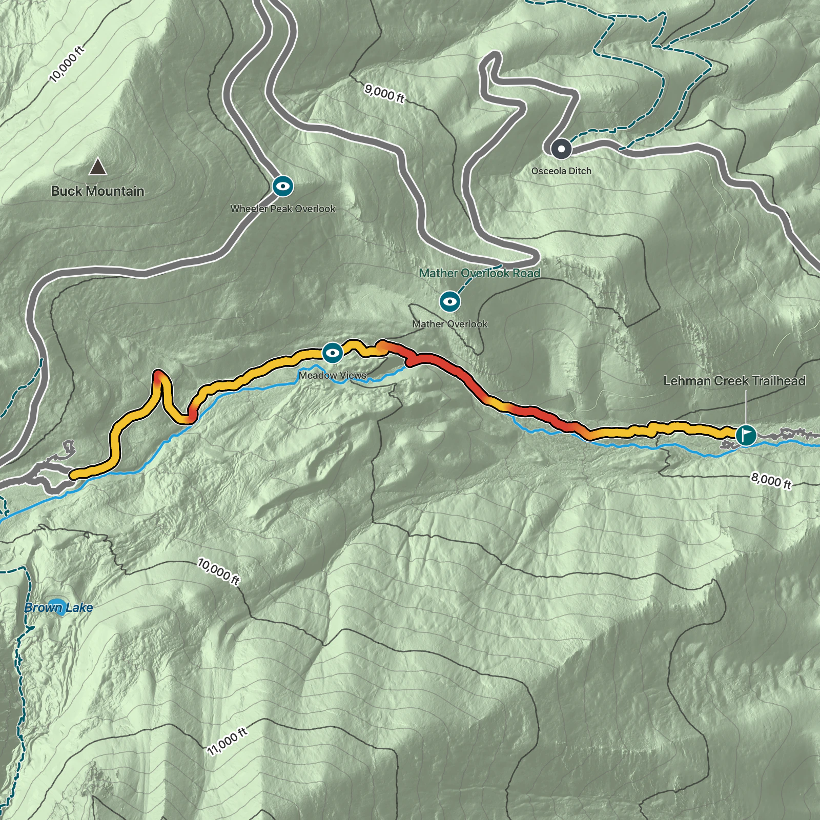 Terrain map of Lehman Creek Trail in Great Basin National Park