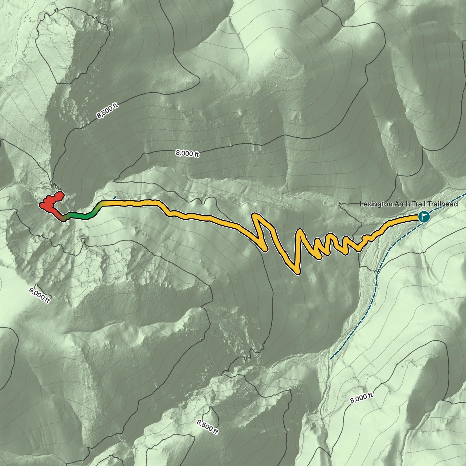 Terrain map of Lexington Arch Trail in Great Basin National Park