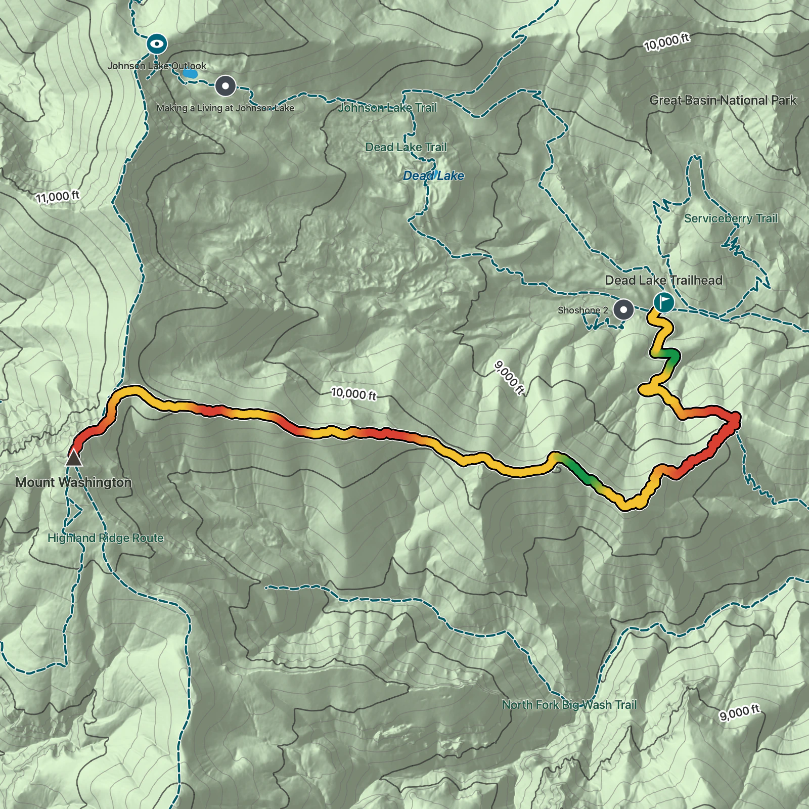 Terrain map of Snake Divide to Mount Washington in Great Basin National Park