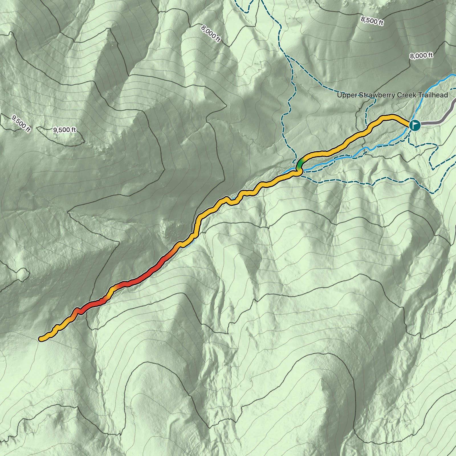 Terrain map of Upper Strawberry Creek Trail in Great Basin National Park