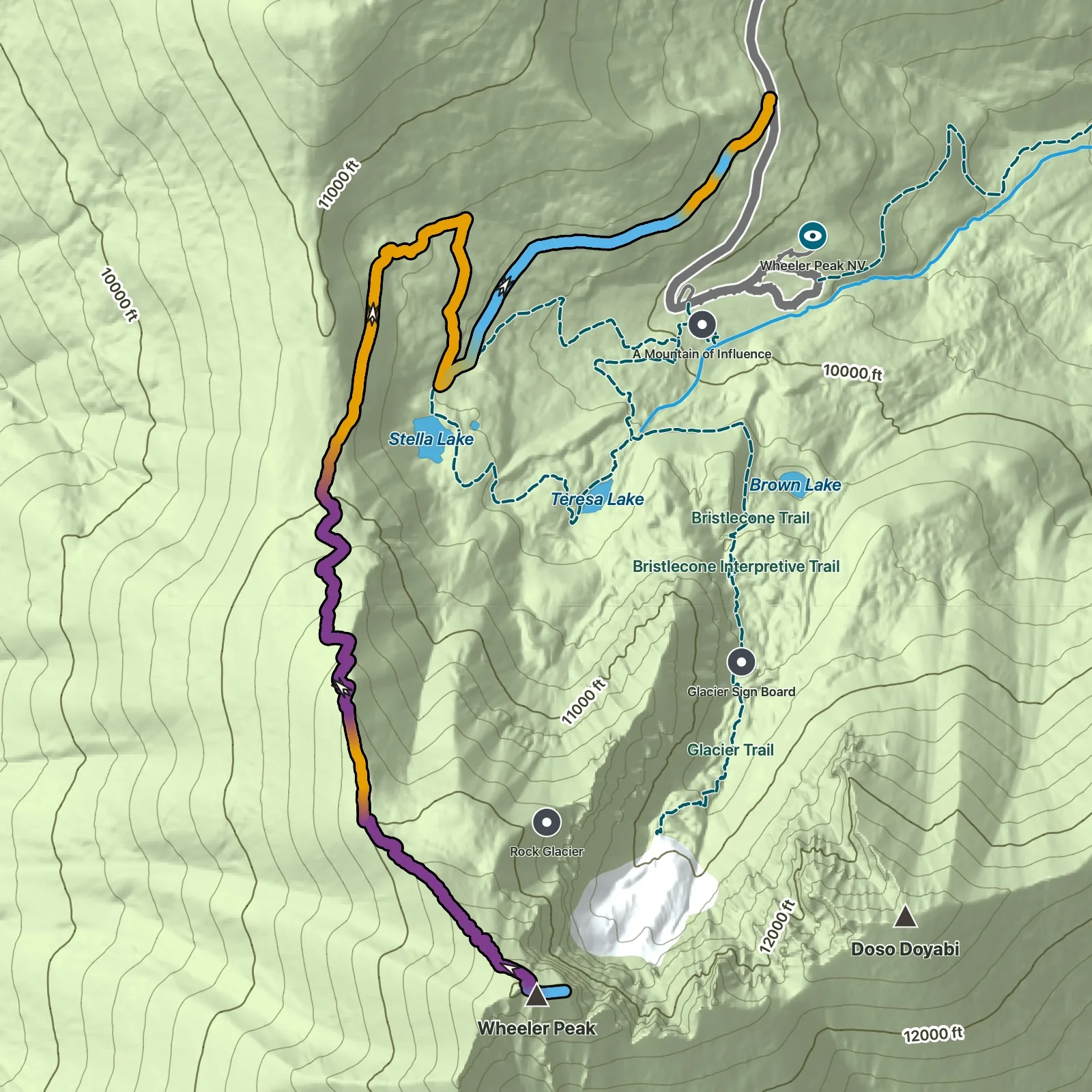 Terrain map of Wheeler Peak Summit Trail in Great Basin National Park