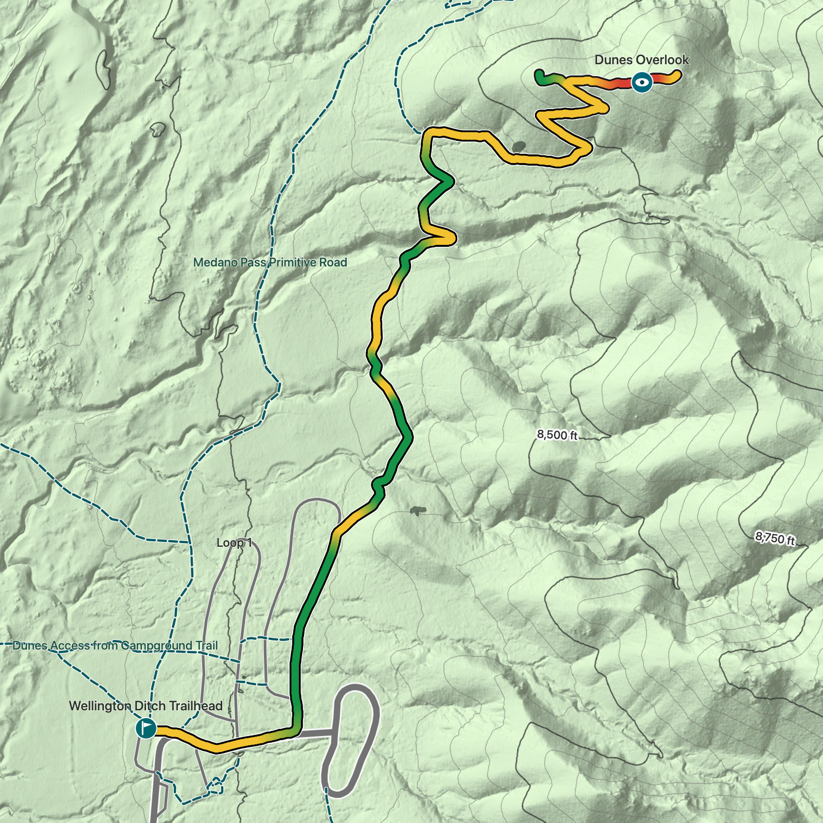 Terrain map of Dunes Overlook Trail in Great Sand Dunes National Park and Preserve