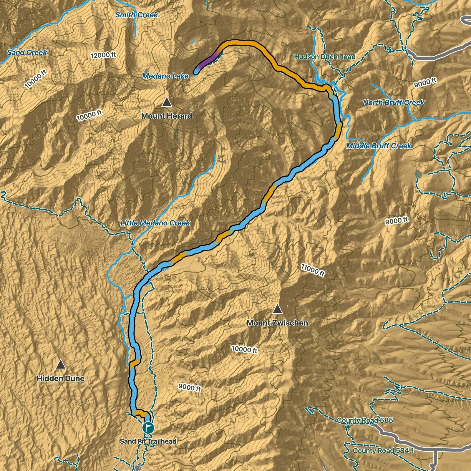 Terrain map of Little Medano Creek Trail to Medano Lake in Great Sand Dunes National Park and Preserve
