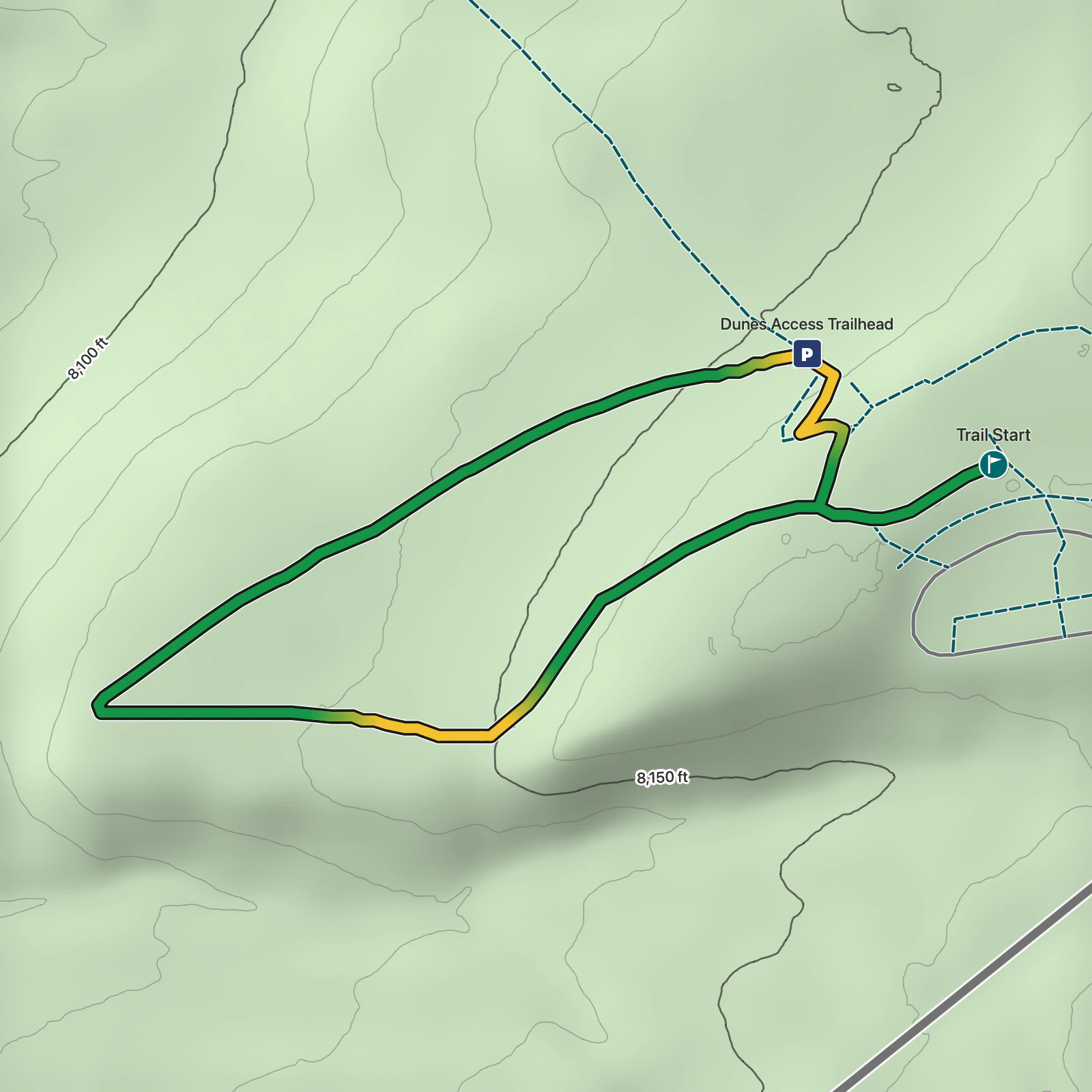 Terrain map of Sand Sheet Loop in Great Sand Dunes National Park and Preserve