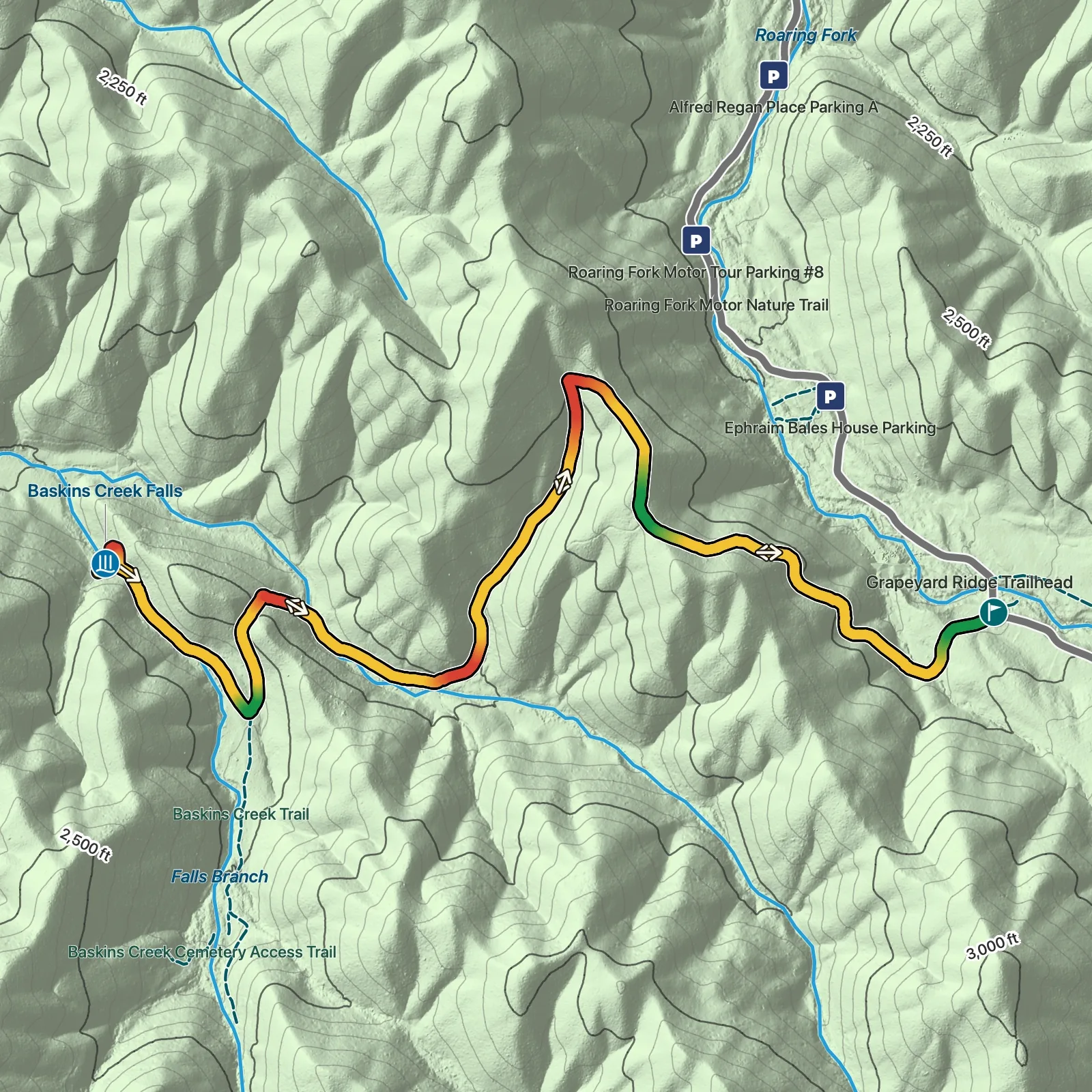 Terrain map of Baskins Creek Falls in Great Smoky Mountains National Park