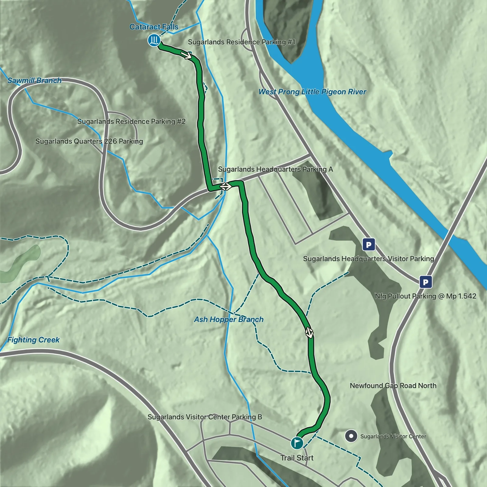 Terrain map of Cataract Falls Short Route in Great Smoky Mountains National Park