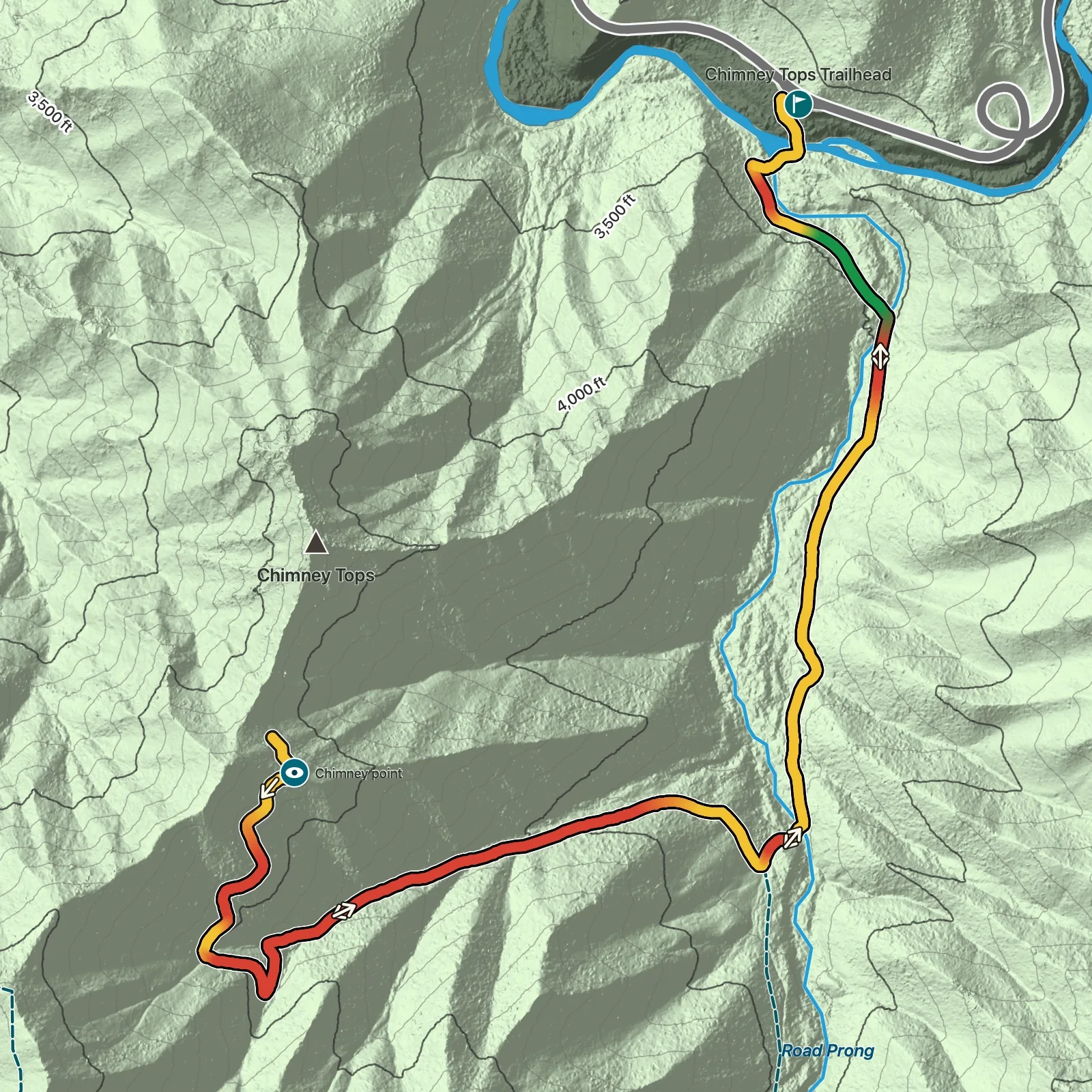 Terrain map of Chimney Tops Trail in Great Smoky Mountains National Park