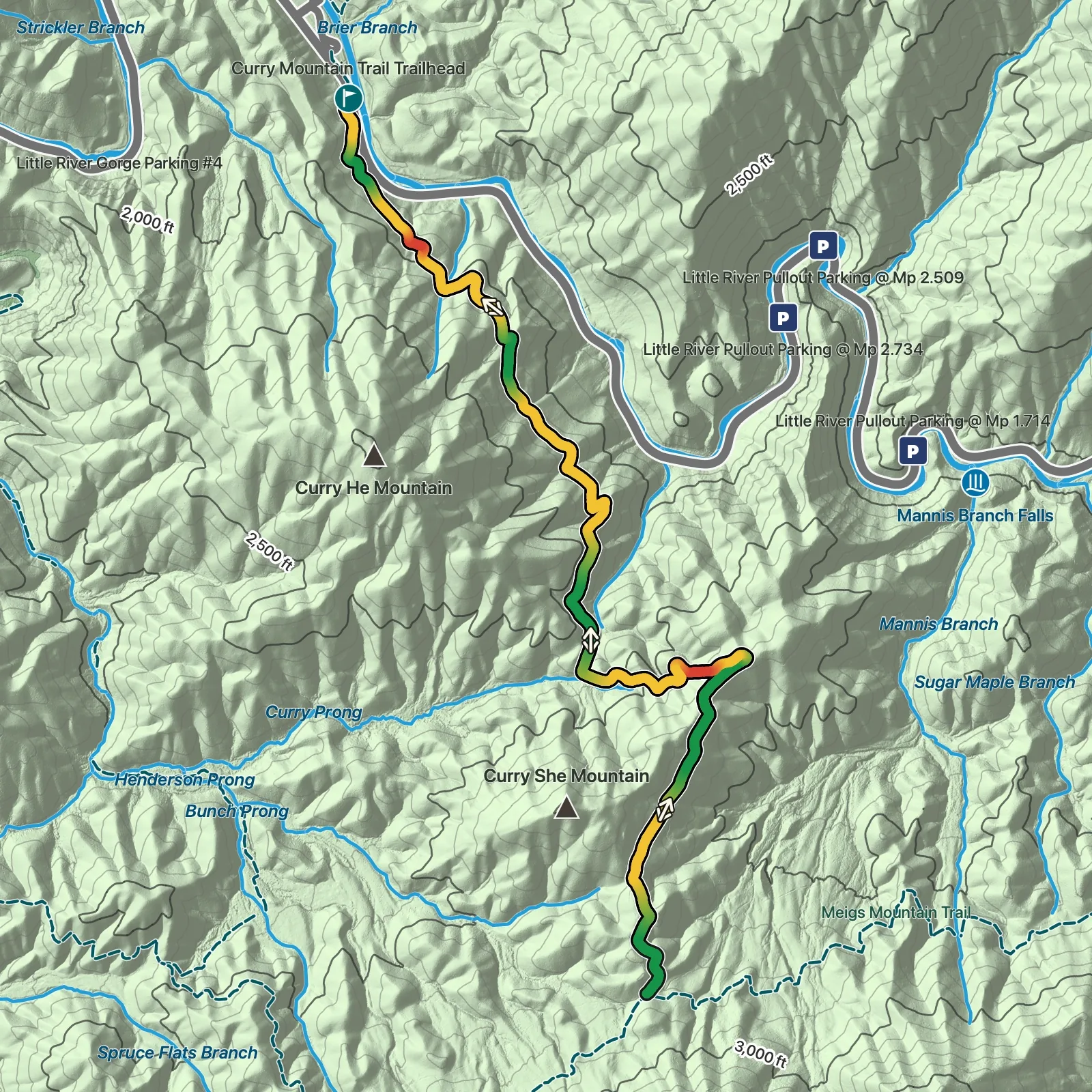Terrain map of Curry Mountain Trail in Great Smoky Mountains National Park