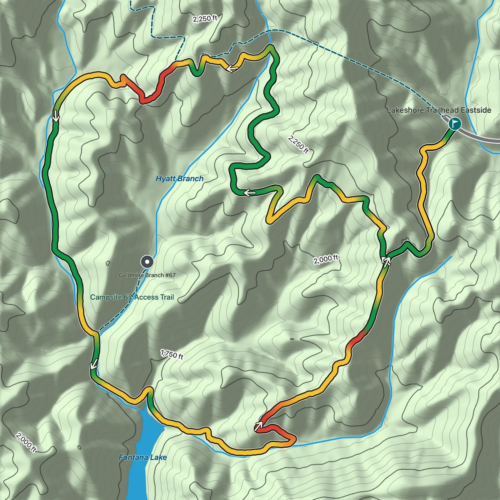 Terrain map of Goldmine Loop Trail in Great Smoky Mountains National Park