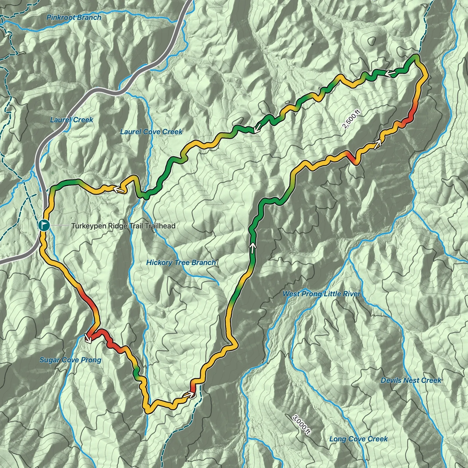 Terrain map of Lead Cove and Finley Cane Loop in Great Smoky Mountains National Park