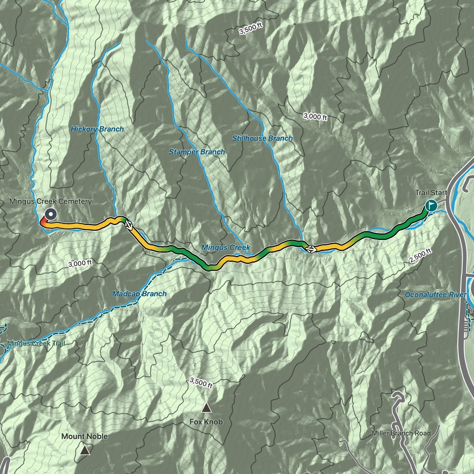 Terrain map of Mingus Creek Cemetery in Great Smoky Mountains National Park