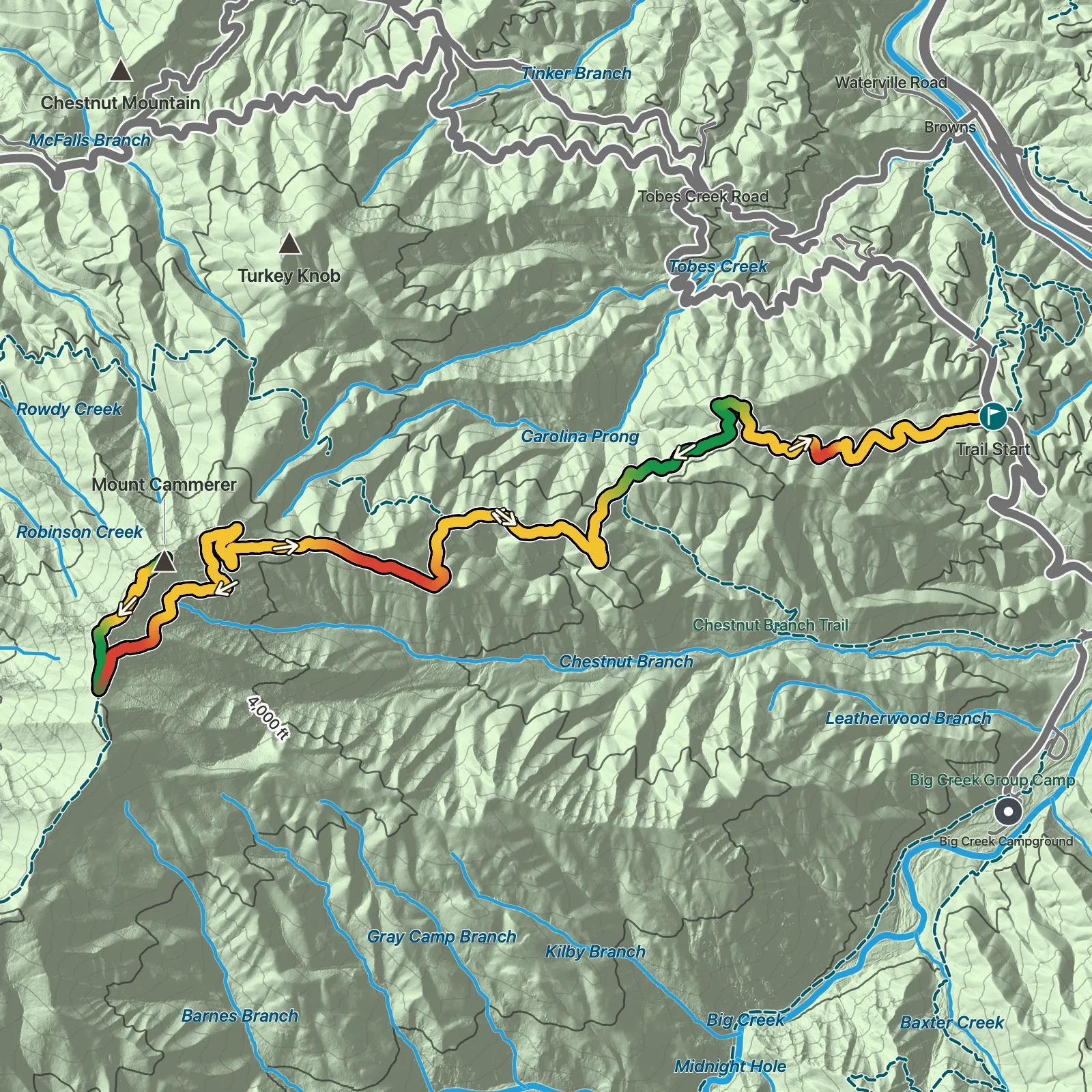 Terrain map of Mount Cammerer via the Appalachian Trail in Great Smoky Mountains National Park
