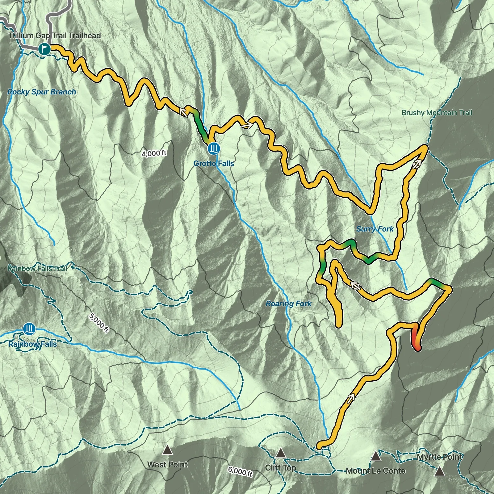 Terrain map of Mount LeConte via Trillium Gap in Great Smoky Mountains National Park