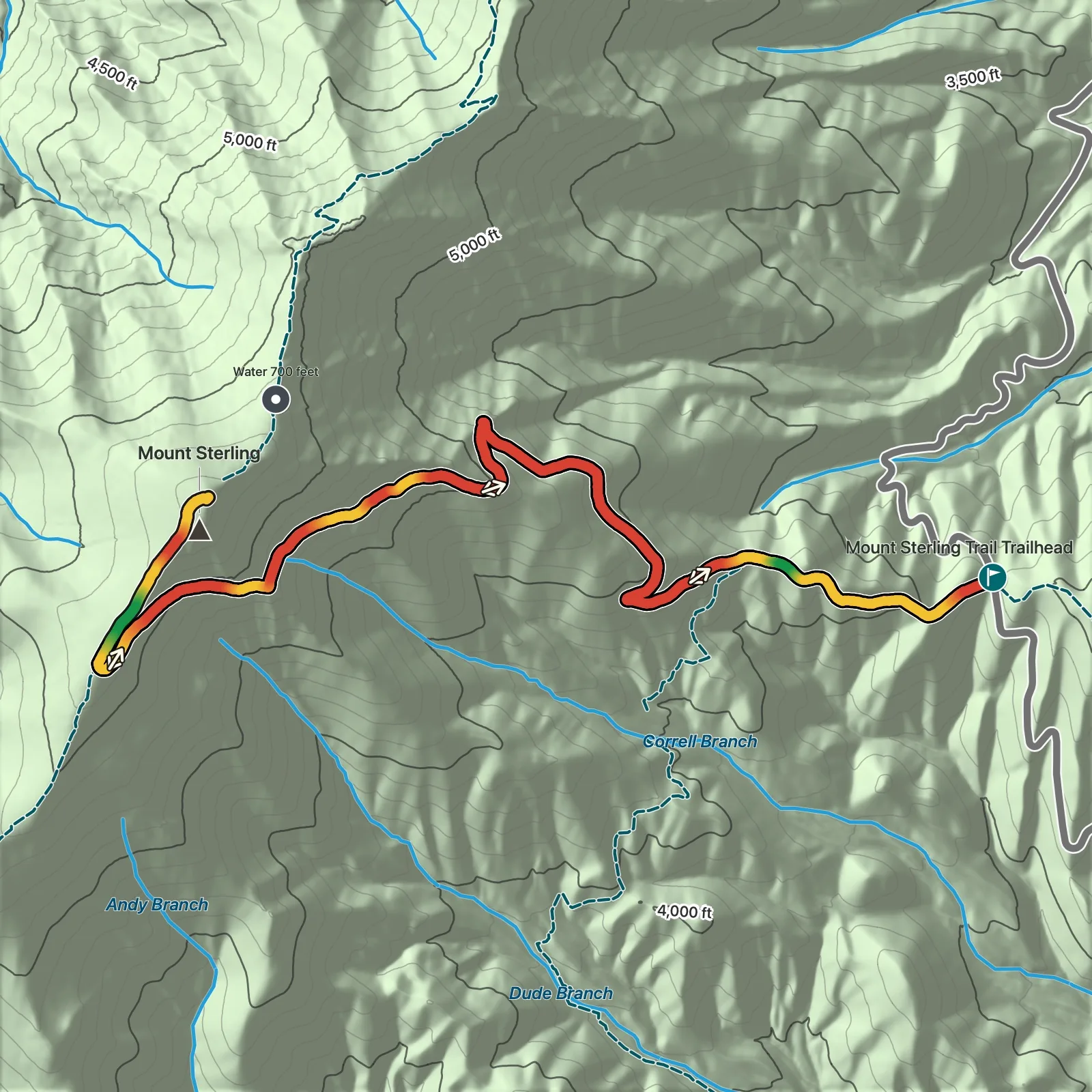 Terrain map of Mount Sterling via Mount Sterling Gap in Great Smoky Mountains National Park