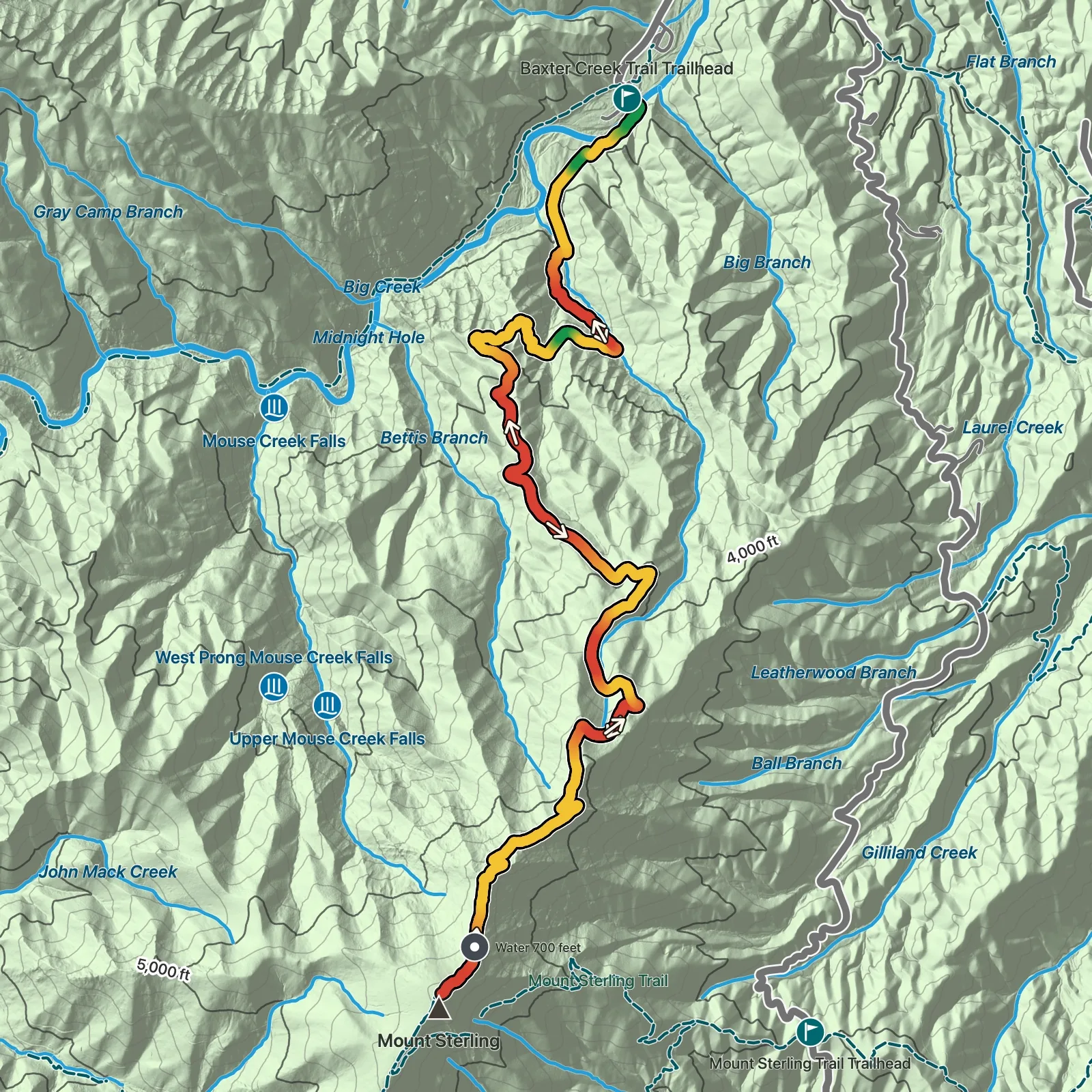 Terrain map of Mount Sterling via Baxter Creek Trail in Great Smoky Mountains National Park