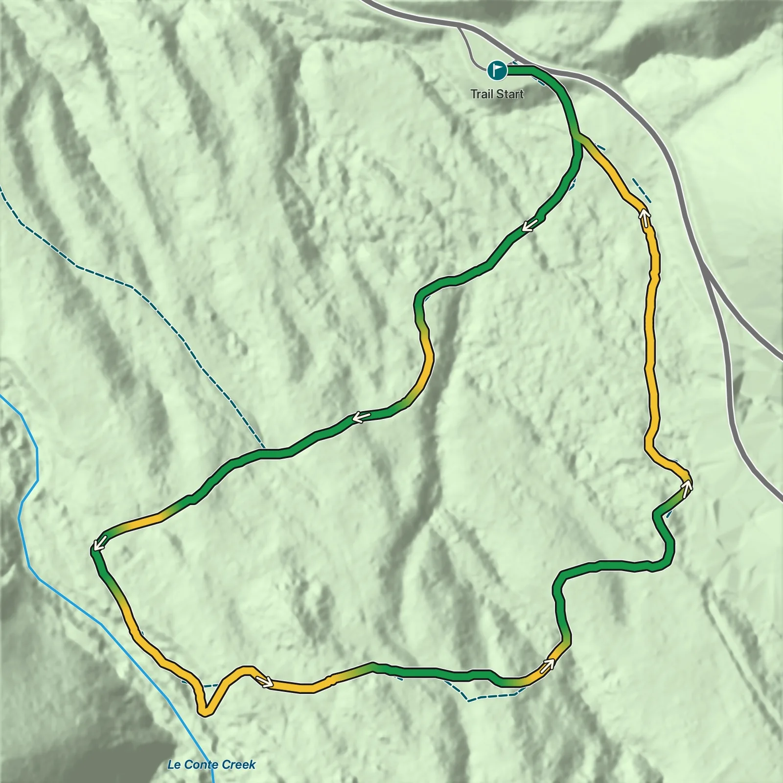 Terrain map of Noah “Bud” Ogle Nature Trail in Great Smoky Mountains National Park