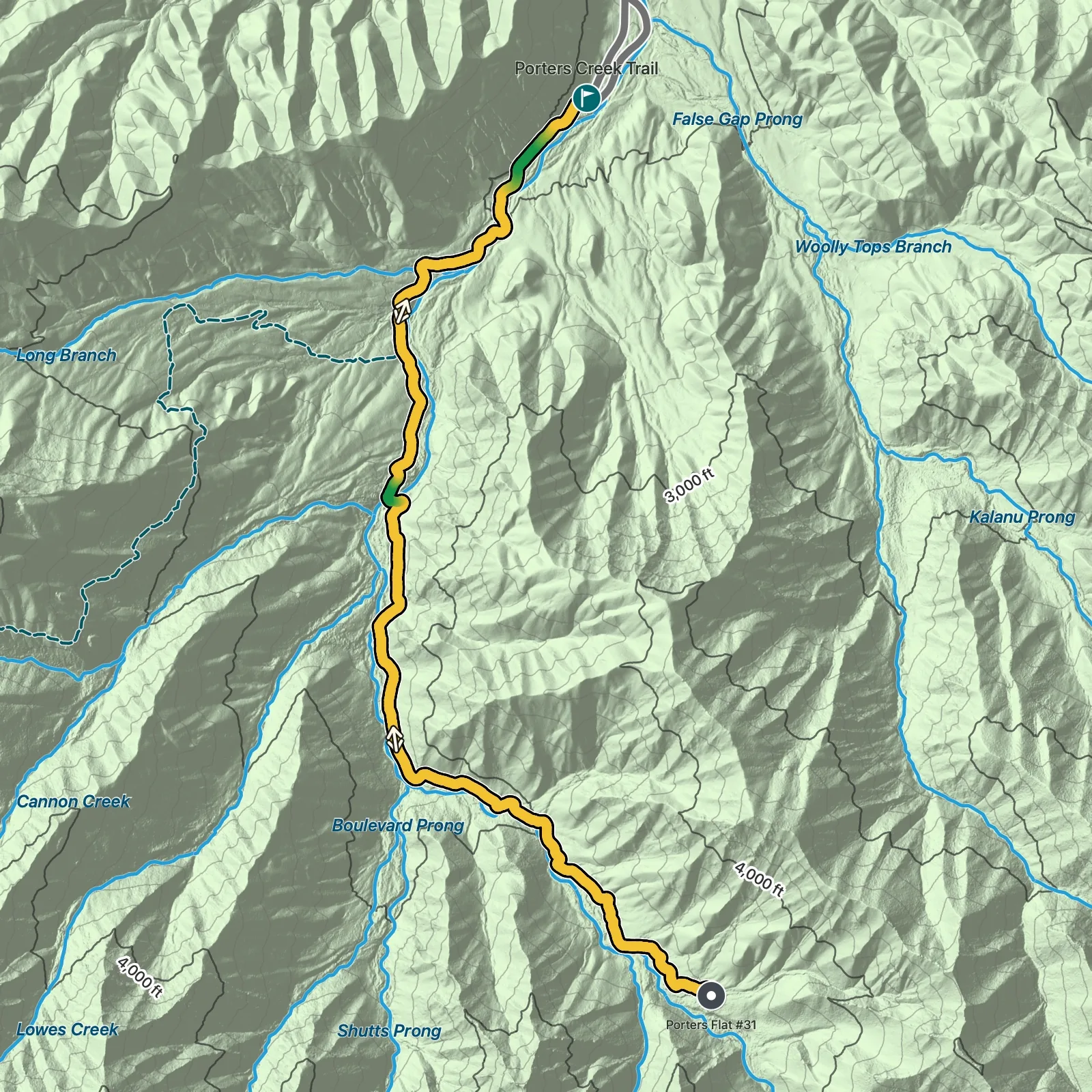 Terrain map of Porters Creek Trail in Great Smoky Mountains National Park