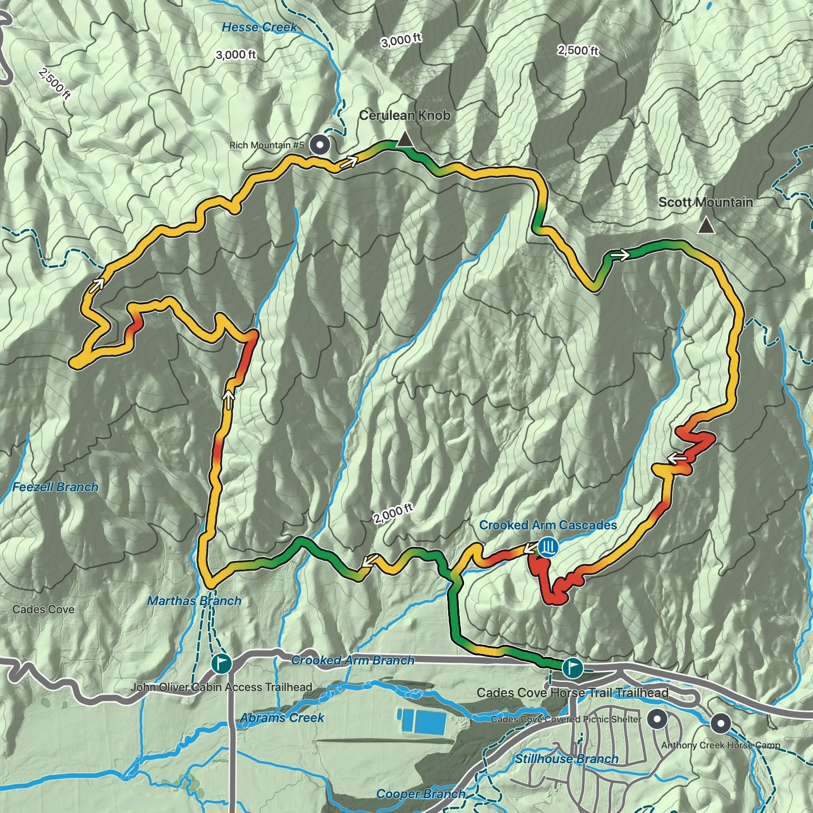 Terrain map of Rich Mountain Loop in Great Smoky Mountains National Park