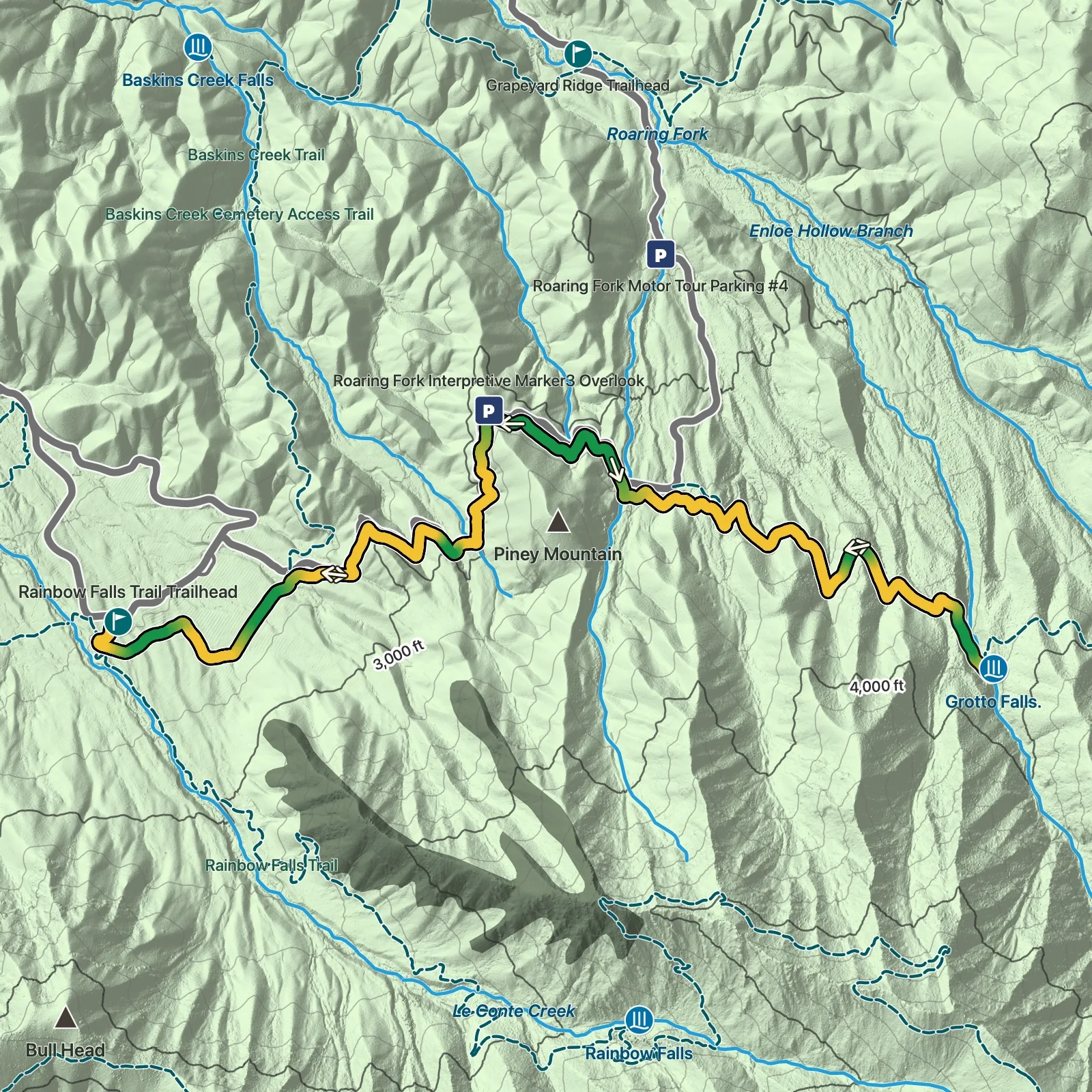 Terrain map of Grotto Falls via Trillium Gap Trail in Great Smoky Mountains National Park