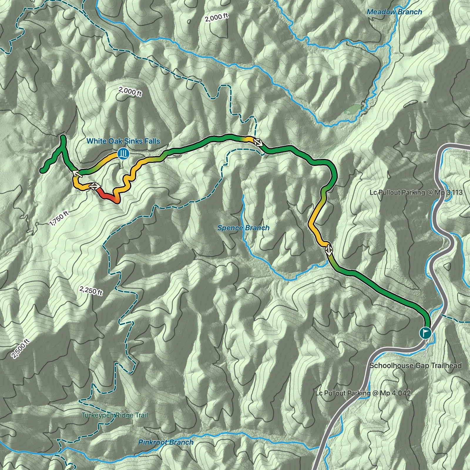 Terrain map of Whiteoak Sinks in Great Smoky Mountains National Park