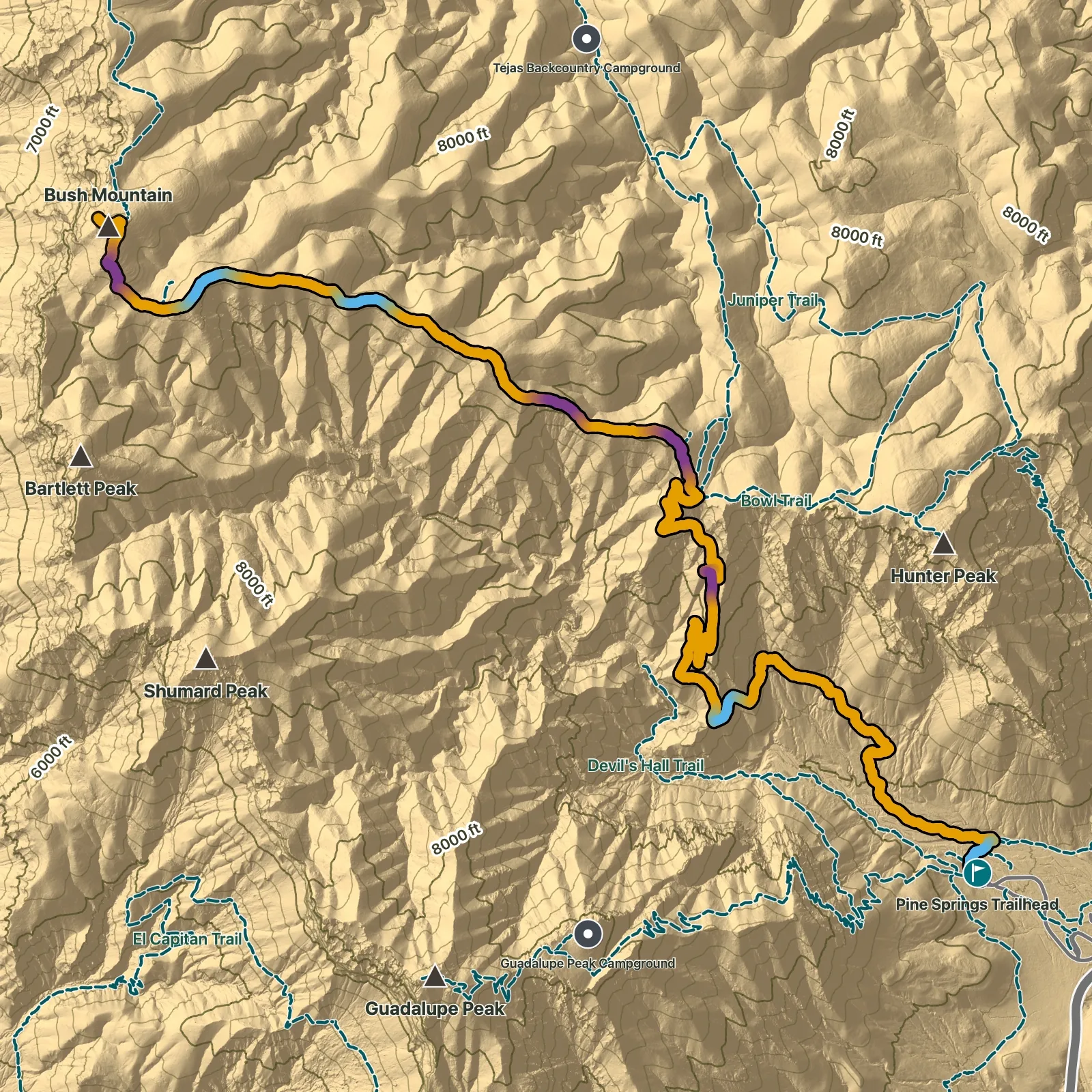 Terrain map of Bush Mountain Trail in Guadalupe Mountains National Park