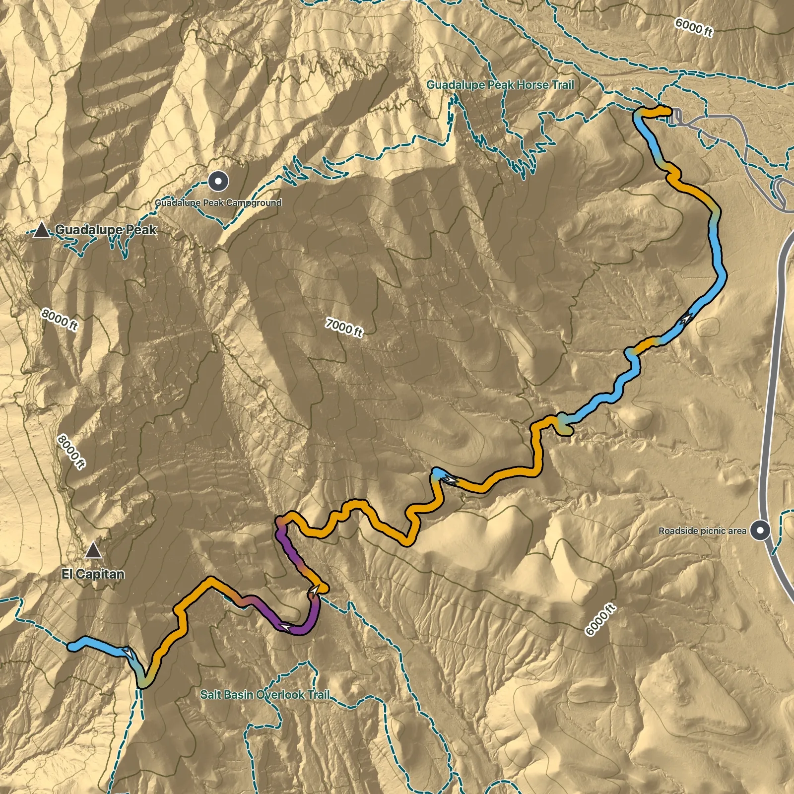 Terrain map of El Capitan Trail in Guadalupe Mountains National Park