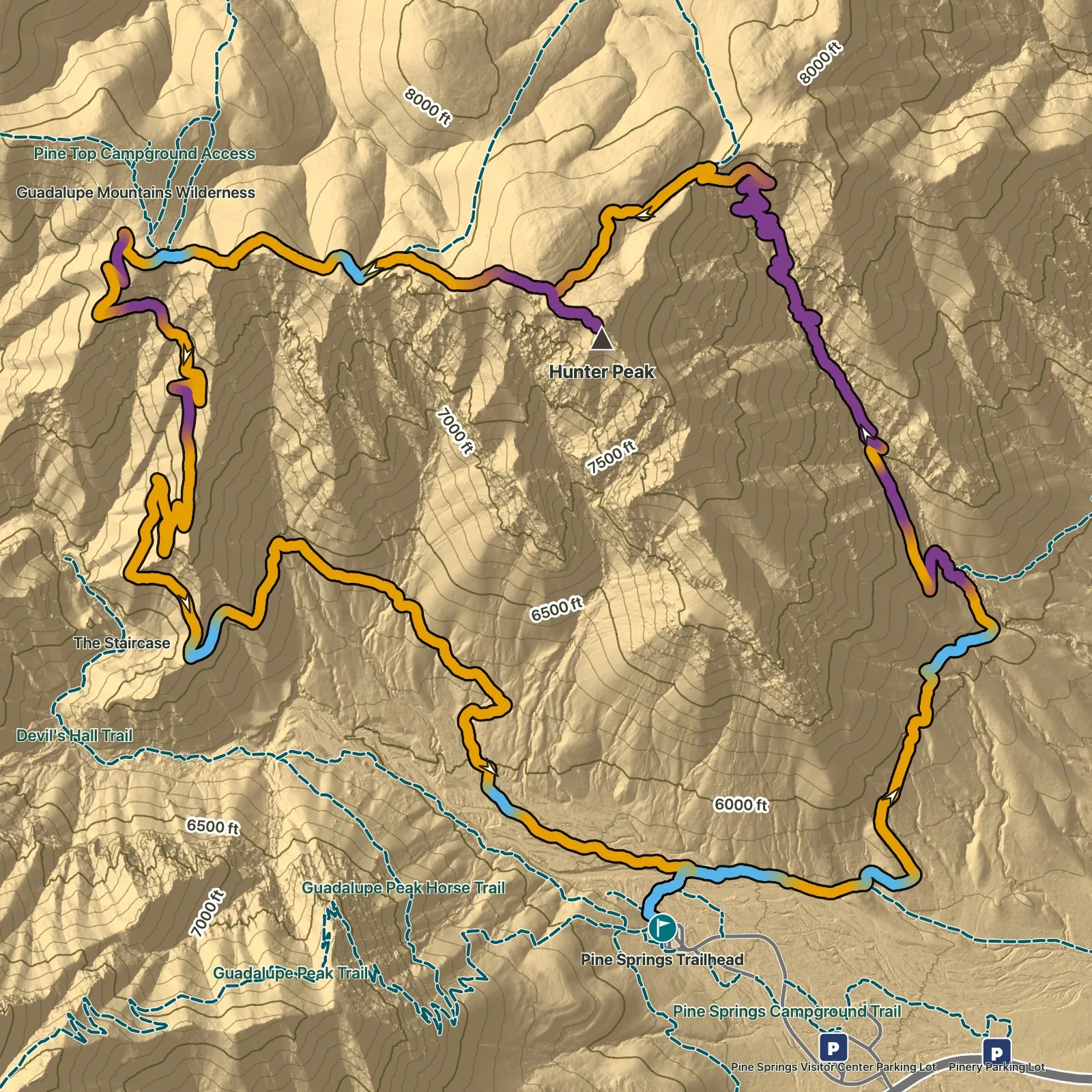 Terrain map of Hunter Peak via Bear Canyon in Guadalupe Mountains National Park