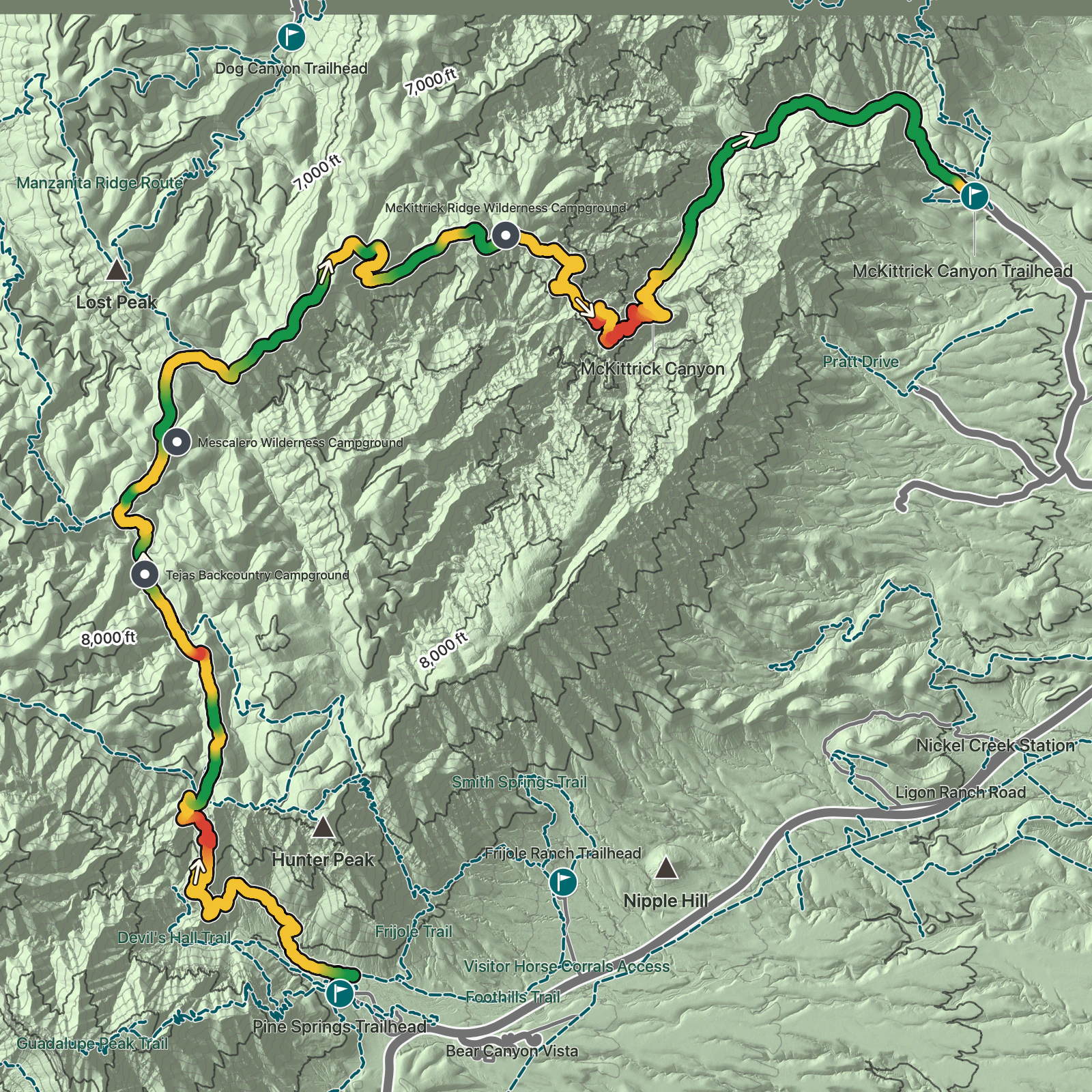 Terrain map of Pine Springs to McKittrick Canyon in Guadalupe Mountains National Park