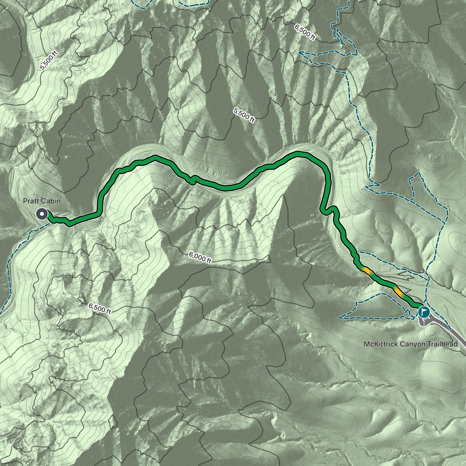 Terrain map of Pratt Cabin via McKittrick Canyon Trail in Guadalupe Mountains National Park