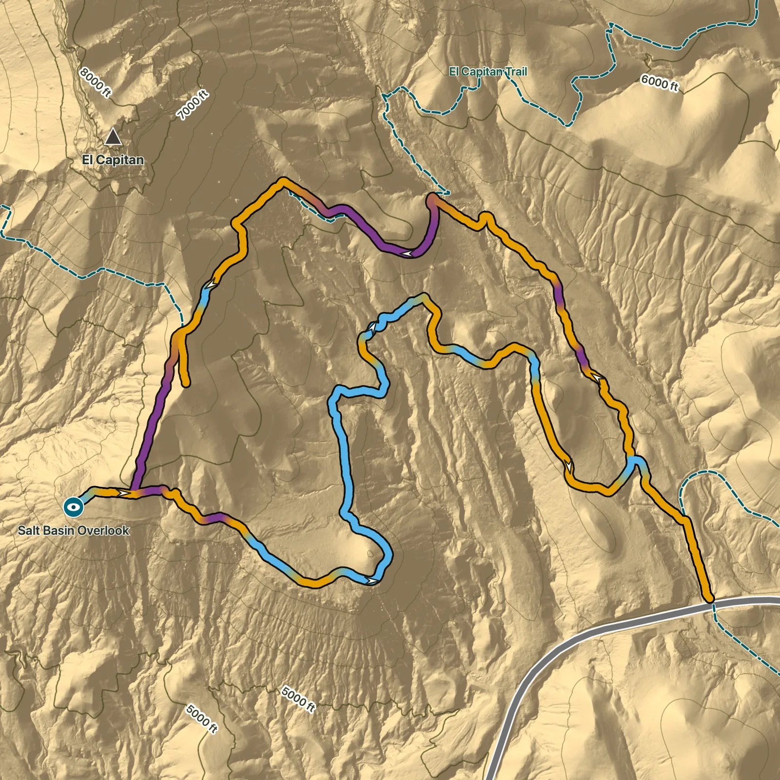 Terrain map of Salt Basin Overlook Loop in Guadalupe Mountains National Park