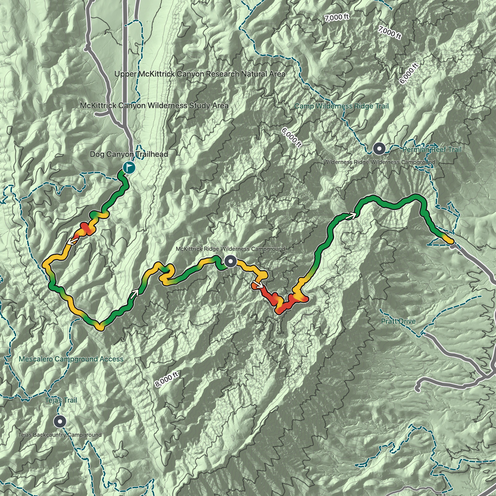 Terrain map of Dog Canyon to McKittrick Canyon in Guadalupe Mountains National Park