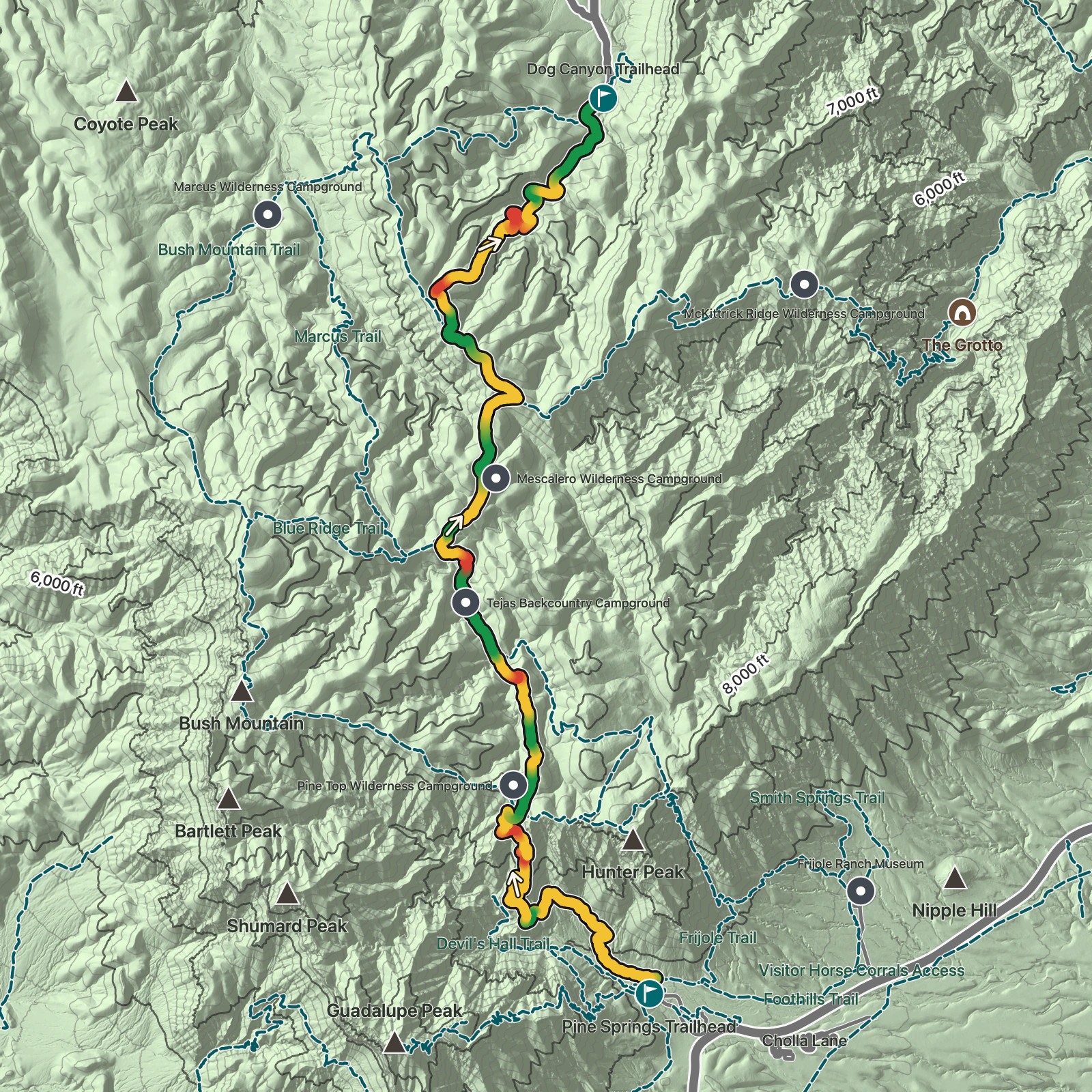 Terrain map of Tejas Trail: Pine Springs to Dog Canyon in Guadalupe Mountains National Park