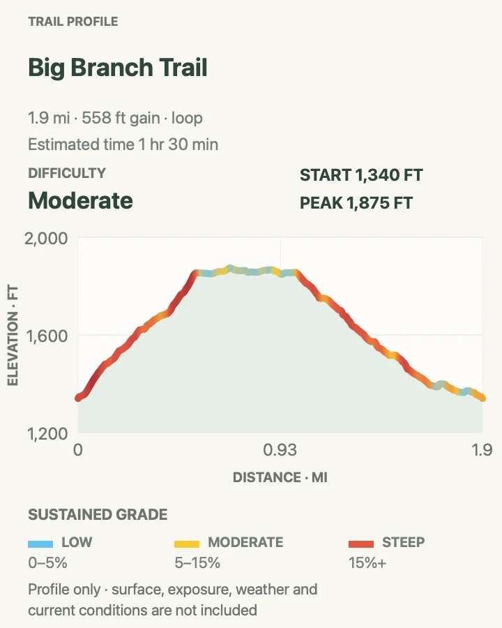 Elevation profile for Big Branch Trail in New River Gorge National Park and Preserve
