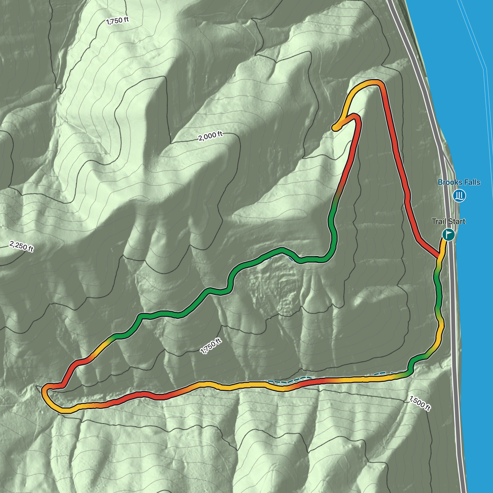 Terrain map of Big Branch Trail in New River Gorge National Park and Preserve