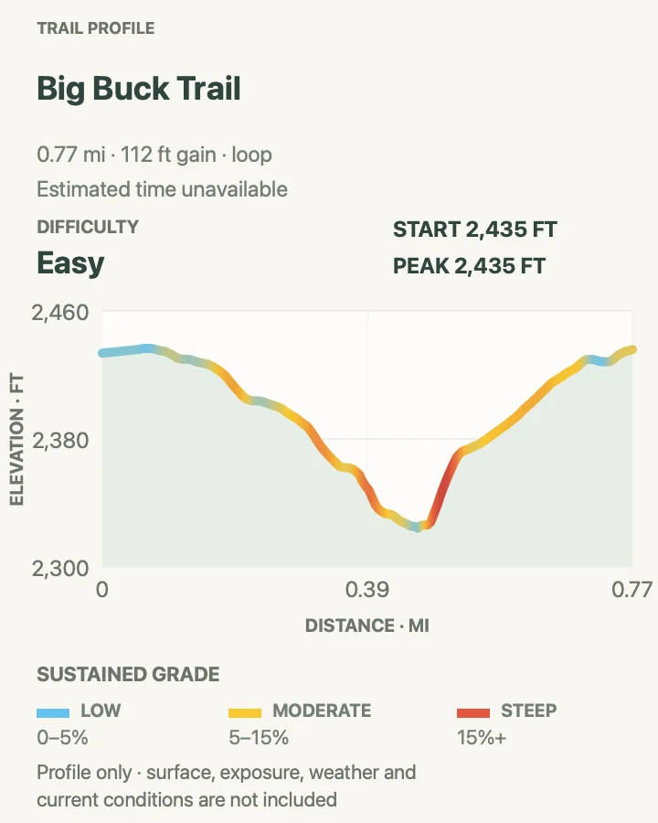 Elevation profile for Big Buck Trail in New River Gorge National Park and Preserve