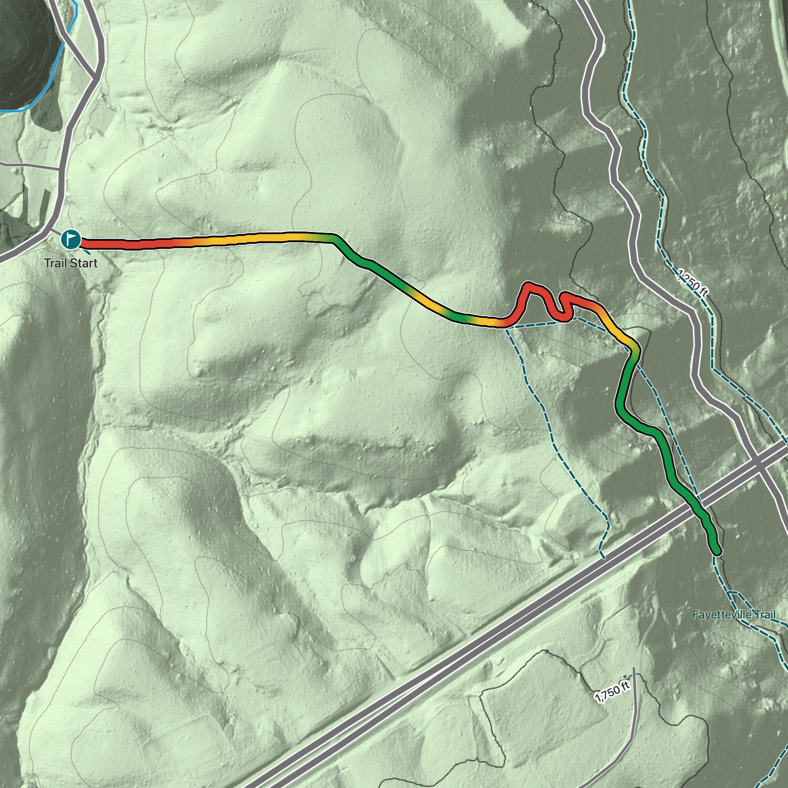 Terrain map of Bridge Trail in New River Gorge National Park and Preserve