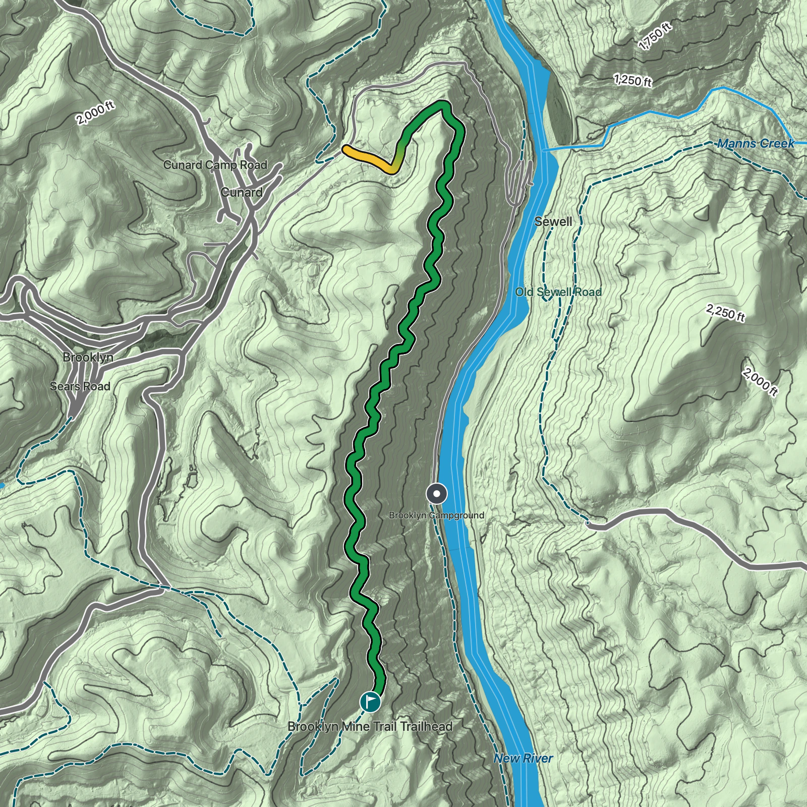 Terrain map of Brooklyn Mine Trail in New River Gorge National Park and Preserve