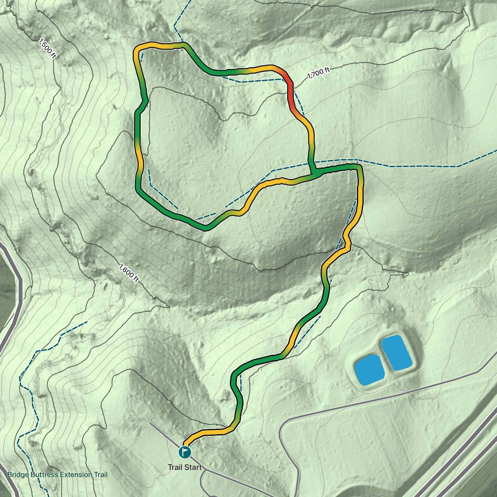 Terrain map of Burnwood Trail in New River Gorge National Park and Preserve