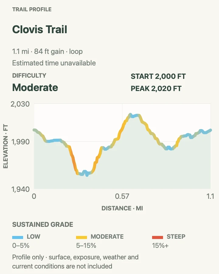 Elevation profile for Clovis Trail in New River Gorge National Park and Preserve