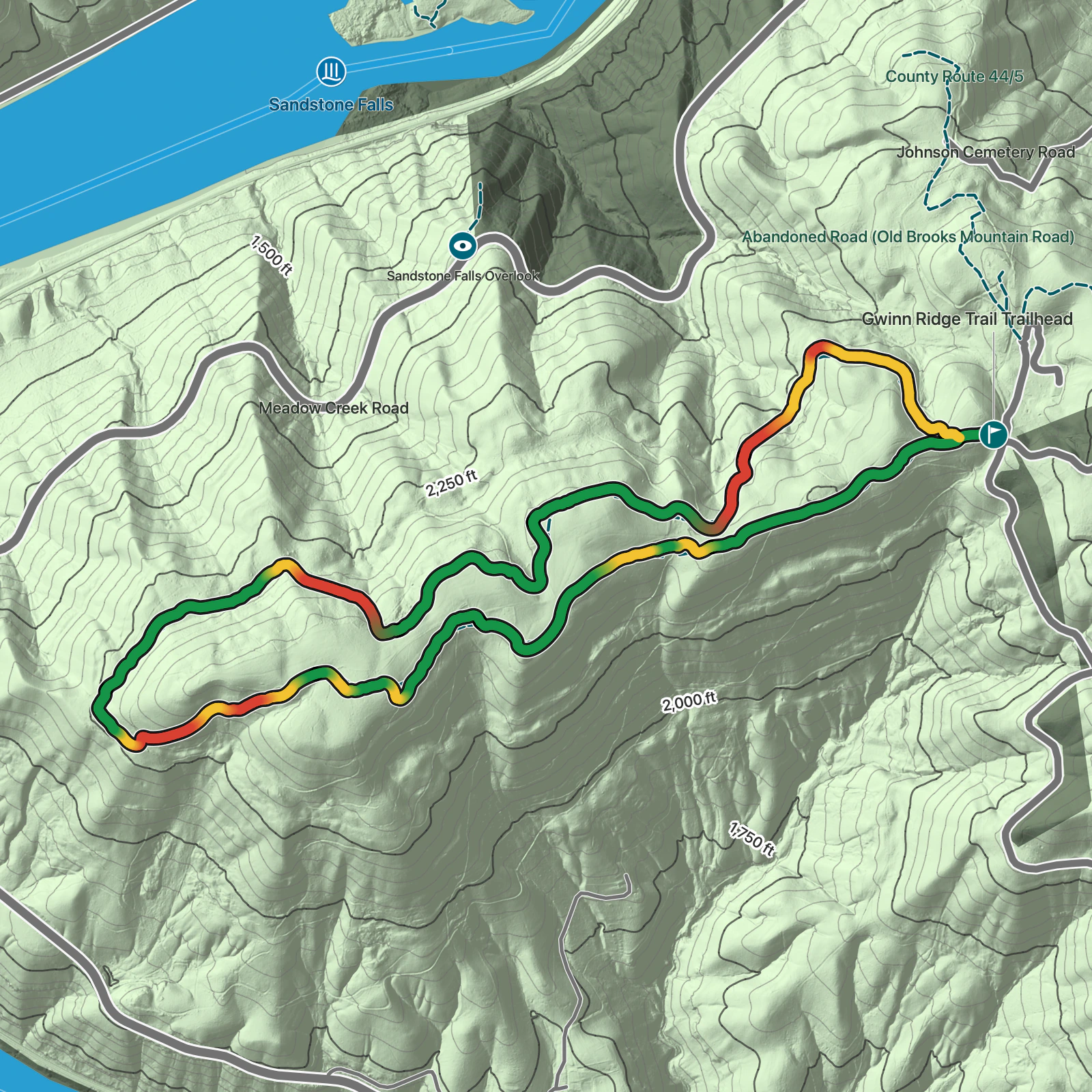 Terrain map of Gwinn Ridge Trail in New River Gorge National Park and Preserve